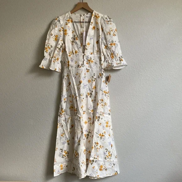 Reformation Maribel Linen Midi Floral Dress Puff Short Sleeves V Neck Tansy 4 - Picture 4 of 14